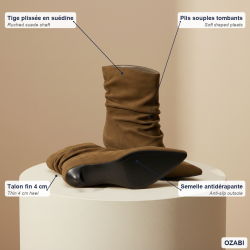 OZABI Bottines Femme Mi-Haute Tige Suédine Plissée, Bout Pointu, Talon Fin 4 cm, Coloris Cognac ou Taupe, Tailles 36 à 41