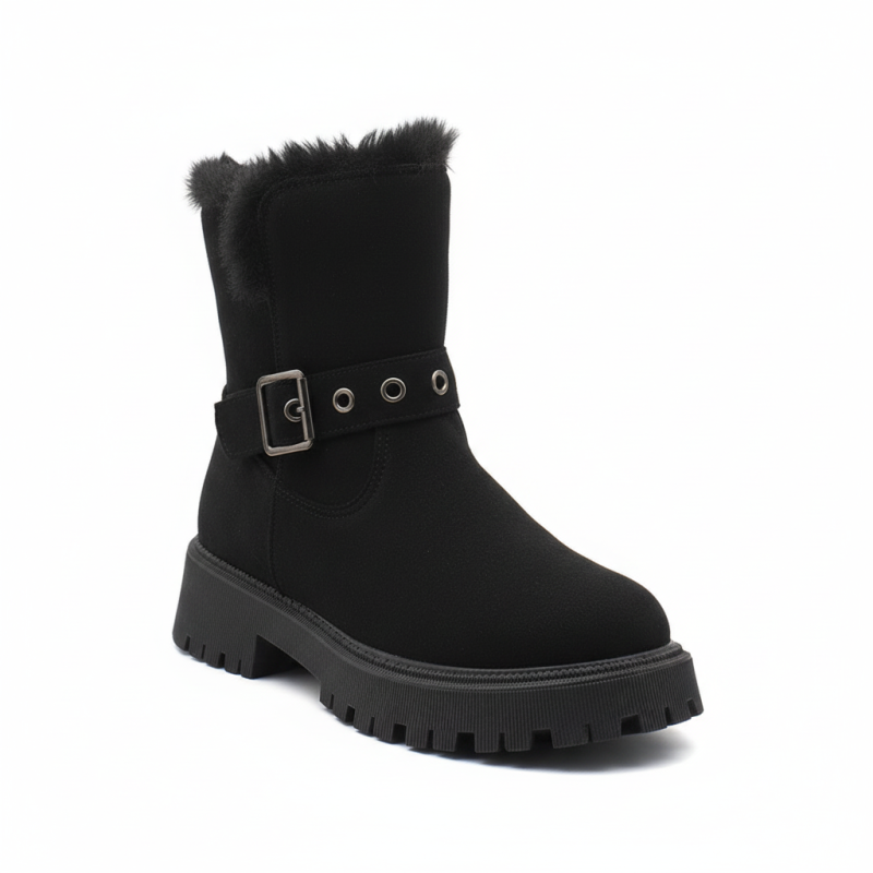OZABI Bottines Fourrées Femme Tige Suédine Zip et Sangle, Revers Fausse Fourrure, Semelle Crantée