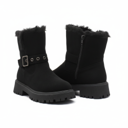 OZABI Bottines Fourrées Femme Tige Suédine Zip et Sangle, Revers Fausse Fourrure, Semelle Crantée