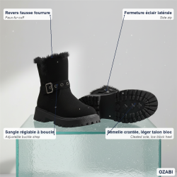 OZABI Bottines Fourrées Femme Tige Suédine Zip et Sangle, Revers Fausse Fourrure, Semelle Crantée