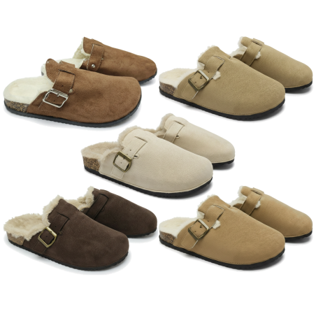 OZABI Sabots Mules Femme Fourrées Suédine, Boucle Ajustable, Semelle Liège et Caoutchouc, Tailles 36 à 41