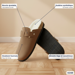 OZABI Sabots Mules Femme Fourrées Suédine, Boucle Ajustable, Semelle Liège et Caoutchouc, Tailles 36 à 41