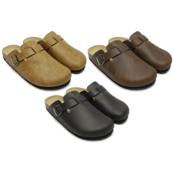OZABI Sabots Homme Cuir Synthétique Marbré, Boucle Ajustable, Semelle Liège et Caoutchouc, Coloris Camel, Marron ou Noir