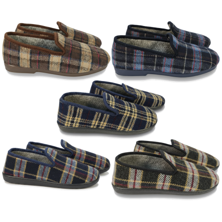 OZABI Pantoufles Charentaises Homme Fabriquées en Espagne, Tige Suédine à Carreaux Écossais, Doublure Feutrine, Semelle Caoutcho