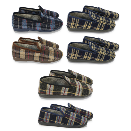 OZABI Pack de 2 Paires de Pantoufles Charentaises Homme Fabriquées en Espagne, Tige Suédine à Carreaux Écossais, Doublure Feutri