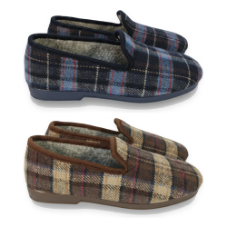 OZABI Pack de 2 Paires de Pantoufles Charentaises Homme Fabriquées en Espagne, Tige Suédine à Carreaux Écossais, Doublure Feutri