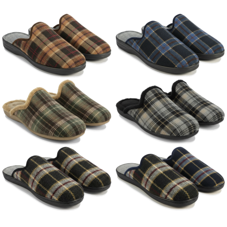 OZABI Pantoufles Mules Homme Fabriquées en Espagne, Tige Jacquard Écossais, Doublure Feutrine, Semelle Caoutchouc Rigide