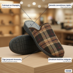OZABI Pantoufles Mules Homme Fabriquées en Espagne, Tige Jacquard Écossais, Doublure Feutrine, Semelle Caoutchouc Rigide