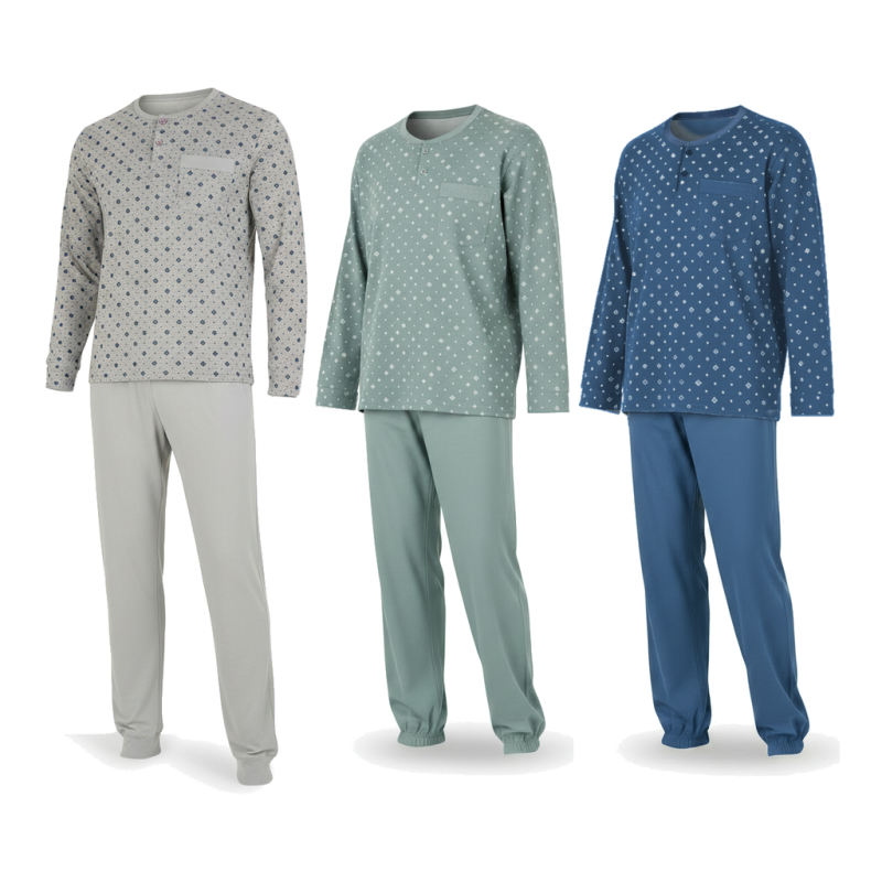 OZABI Ensemble Pyjama Homme Long Pack de 3, Haut Manches Longues Imprimé Col Rond Boutonné, Pantalon Uni Taille Élastiquée, Chev