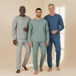 OZABI Ensemble Pyjama Homme Long Pack de 3, Haut Manches Longues Imprimé Col Rond Boutonné, Pantalon Uni Taille Élastiquée, Chev