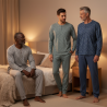 OZABI Ensemble Pyjama Homme Long Pack de 3, Haut Manches Longues Imprimé Col Rond Boutonné, Pantalon Uni Taille Élastiquée, Chev