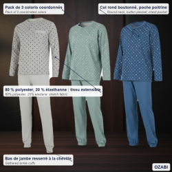 OZABI Ensemble Pyjama Homme Long Pack de 3, Haut Manches Longues Imprimé Col Rond Boutonné, Pantalon Uni Taille Élastiquée, Chev