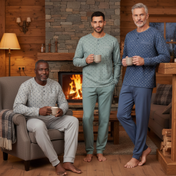 OZABI Ensemble Pyjama Homme Long Pack de 3, Haut Manches Longues Imprimé Col Rond Boutonné, Pantalon Uni Taille Élastiquée, Chev