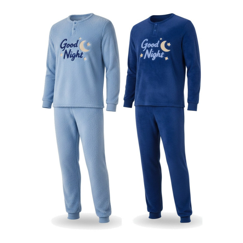 OZABI Ensemble Pyjama Homme Pack de 2, Polaire Douce et Moelleuse, Haut Col Rond 2 Boutons Broderie Good Night, Pantalon