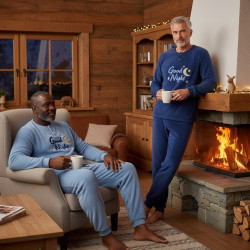 OZABI Ensemble Pyjama Homme Pack de 2, Polaire Douce et Moelleuse, Haut Col Rond 2 Boutons Broderie Good Night, Pantalon