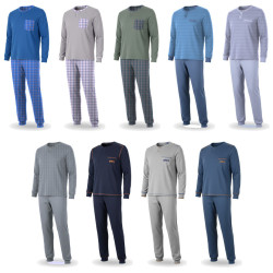 OZABI Ensemble Pyjama Homme Long Pack de 3, Coton Doublure Polaire, Haut Col Rond 2 Boutons Poche Poitrine, Pantalon