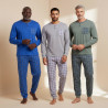 OZABI Ensemble Pyjama Homme Long Pack de 3, Coton Doublure Polaire, Haut Col Rond 2 Boutons Poche Poitrine, Pantalon
