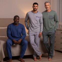 OZABI Ensemble Pyjama Homme Long Pack de 3, Coton Doublure Polaire, Haut Col Rond 2 Boutons Poche Poitrine, Pantalon