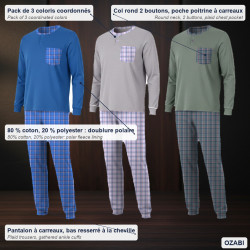 OZABI Ensemble Pyjama Homme Long Pack de 3, Coton Doublure Polaire, Haut Col Rond 2 Boutons Poche Poitrine, Pantalon