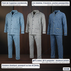 OZABI Ensemble Pyjama Homme Long Boutonné Pack de 3, Coton Doublure Polaire, Col Chemise, Manches Longues, Pantalon