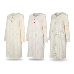 OZABI Chemise de Nuit Femme Pack de 3, Coton Manches Longues, Col Rond 4 Boutons Nœud Ruban, Imprimé Petits Cœurs et Pois