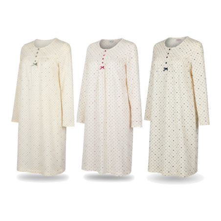 OZABI Chemise de Nuit Femme Pack de 3, Coton Manches Longues, Col Rond 4 Boutons Nœud Ruban, Imprimé Petits Cœurs et Pois
