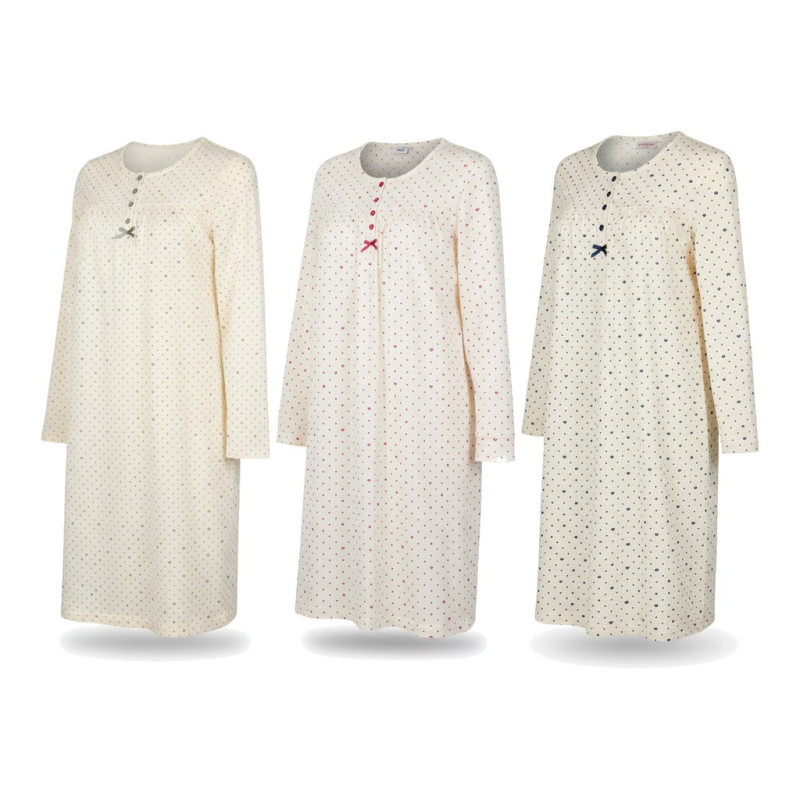 OZABI Chemise de Nuit Femme Pack de 3, Coton Manches Longues, Col Rond 4 Boutons Nœud Ruban, Imprimé Petits Cœurs et Pois
