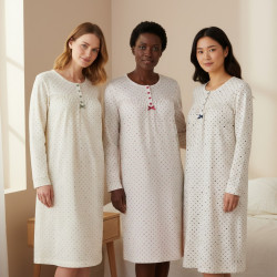 OZABI Chemise de Nuit Femme Pack de 3, Coton Manches Longues, Col Rond 4 Boutons Nœud Ruban, Imprimé Petits Cœurs et Pois
