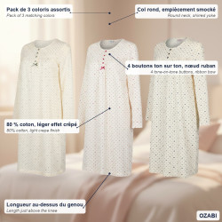 OZABI Chemise de Nuit Femme Pack de 3, Coton Manches Longues, Col Rond 4 Boutons Nœud Ruban, Imprimé Petits Cœurs et Pois