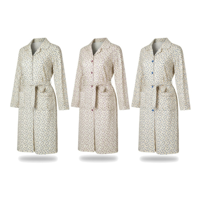 OZABI Chemise de Nuit Femme Pack de 3, Coton Manches Longues, Col Chemise Boutonné, Poches Imprimées, Ceinture Nouée