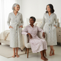 OZABI Chemise de Nuit Femme Pack de 3, Coton Manches Longues, Col Chemise Boutonné, Poches Imprimées, Ceinture Nouée