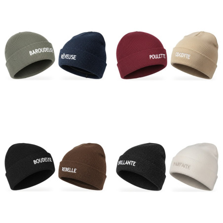 OZABI Bonnets Femme Message Brodé Humoristique Fil Lurex Pailleté - Pack de 2 (Lot) - Maille Côtelée à Revers