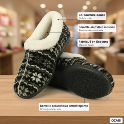 OZABI Pantoufles Charentaises Femme Fabriquées en Espagne, Col Fourrure, Semelle Amovible Mousse, Semelle Caoutchouc Antidérapan