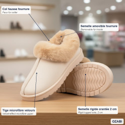 OZABI Pantoufles Femme Hiver Style Scandinave, Col Fausse Fourrure, Semelle Caoutchouc Rigide Crantée Intérieur et Extérieur