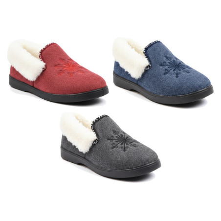 OZABI Pantoufles Charentaises Femme Hiver, Broderie Flocon, Tige Feutrine, Col Fourrure Synthétique, Semelle Amovible