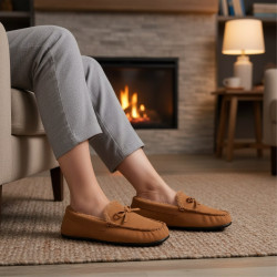 OZABI Pantoufles Chaussons Femme Fermés, Tige Suédine Unie, Nœud et Surpiqûre Apparente, Intérieur Fourré, Semelle Caoutchouc Fi