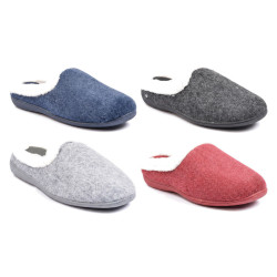 OZABI Pantoufles Mules Femme Hiver, Tige Feutrine Unie Chinée, Encolure Fausse Fourrure Blanche, Intérieur Feutrine, Semelle Cao
