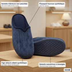 OZABI Pantoufles Mules Femme Unies, Tige Velours Côtelé Synthétique, Passepoil Fourrure Synthétique, Semelle Caoutchouc