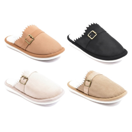 OZABI Pantoufles Mules Femme Unies, Tige Synthétique Aspect Daim, Broderie Scandinave, Doublure Fourrure Synthétique