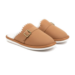 OZABI Pantoufles Mules Femme Unies, Tige Synthétique Aspect Daim, Broderie Scandinave, Doublure Fourrure Synthétique
