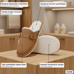 OZABI Pantoufles Mules Femme Unies, Tige Synthétique Aspect Daim, Broderie Scandinave, Doublure Fourrure Synthétique
