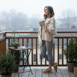 OZABI Pantoufles Mules Femme Unies, Tige Synthétique Aspect Daim, Broderie Scandinave, Doublure Fourrure Synthétique
