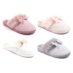 OZABI Pantoufles Mules Femme, Tige Tricot Fil Lurex Pailleté, Encolure Fausse Fourrure et Nœud, Intérieur Éponge