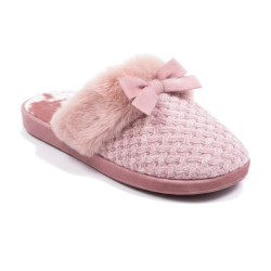 OZABI Pantoufles Mules Femme, Tige Tricot Fil Lurex Pailleté, Encolure Fausse Fourrure et Nœud, Intérieur Éponge