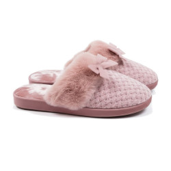 OZABI Pantoufles Mules Femme, Tige Tricot Fil Lurex Pailleté, Encolure Fausse Fourrure et Nœud, Intérieur Éponge