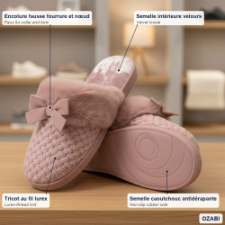 OZABI Pantoufles Mules Femme, Tige Tricot Fil Lurex Pailleté, Encolure Fausse Fourrure et Nœud, Intérieur Éponge
