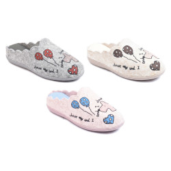 OZABI Pantoufles Ouvertes Femme, Tige Feutrine Imprimée Ballons, Cœur et Petit Chien, Col Festonné, Semelle Fine Antidérapante