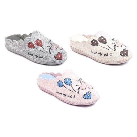 OZABI Pantoufles Ouvertes Femme, Tige Feutrine Imprimée Ballons, Cœur et Petit Chien, Col Festonné, Semelle Fine Antidérapante