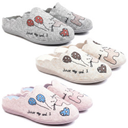 OZABI Pantoufles Ouvertes Femme, Tige Feutrine Imprimée Ballons, Cœur et Petit Chien, Col Festonné, Semelle Fine Antidérapante