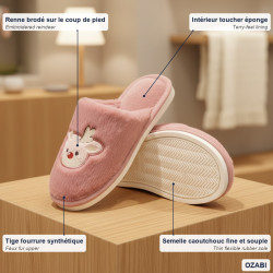 OZABI Pantoufles Ouvertes Femme, Tige Fourrure Synthétique, Renne Brodé, Intérieur Toucher Éponge, Semelle Fine Caoutchouc